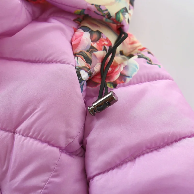 Girl's Cotton Jacket Autumn and Winter Children's Clothing Sweet Flower Print Black Zipper Decoration A-Swing Cotton Jacket