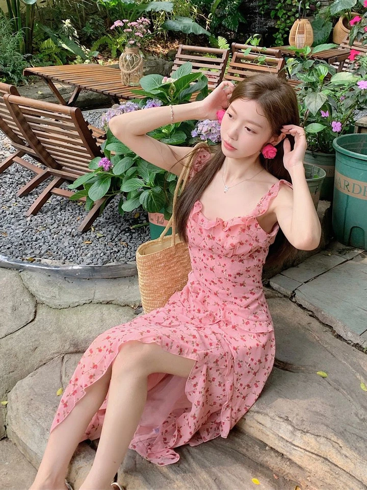 Vintage Ruffles Floral Strap Dress Women Casual Korean Chic Split Midi Dress  Women 2024 Autumn Fashion Elegant Beach Party Dress - AliExpress 200000345
