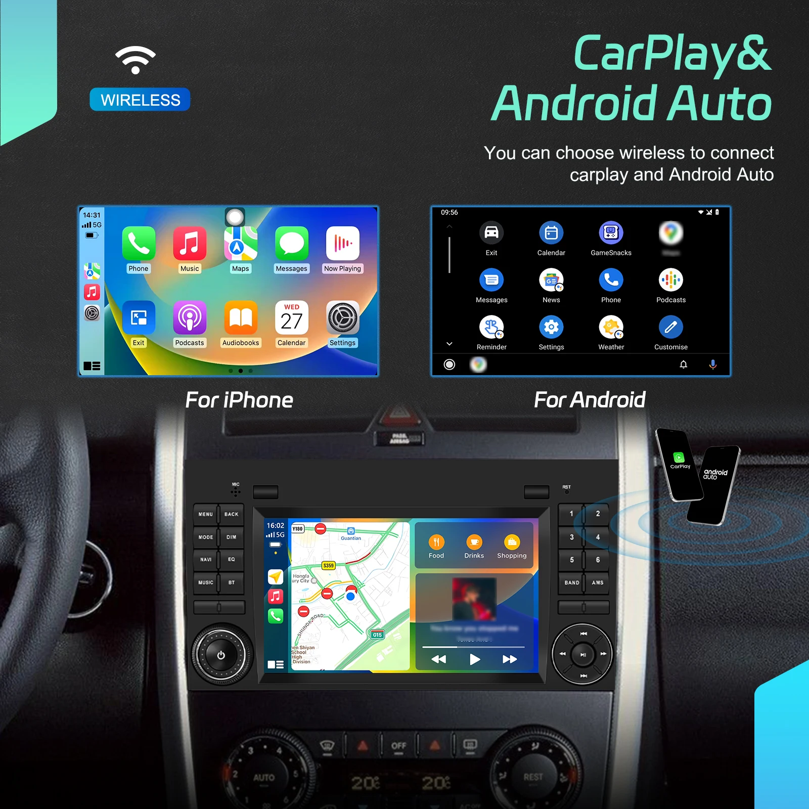 Radio para coche Podofo 2DIN 4+64G con Carplay para Mercedes Benz B200 Sprinter Clase A, GPS, Android Auto, WIFI, Mirror Link, sistema inteligente. 2
