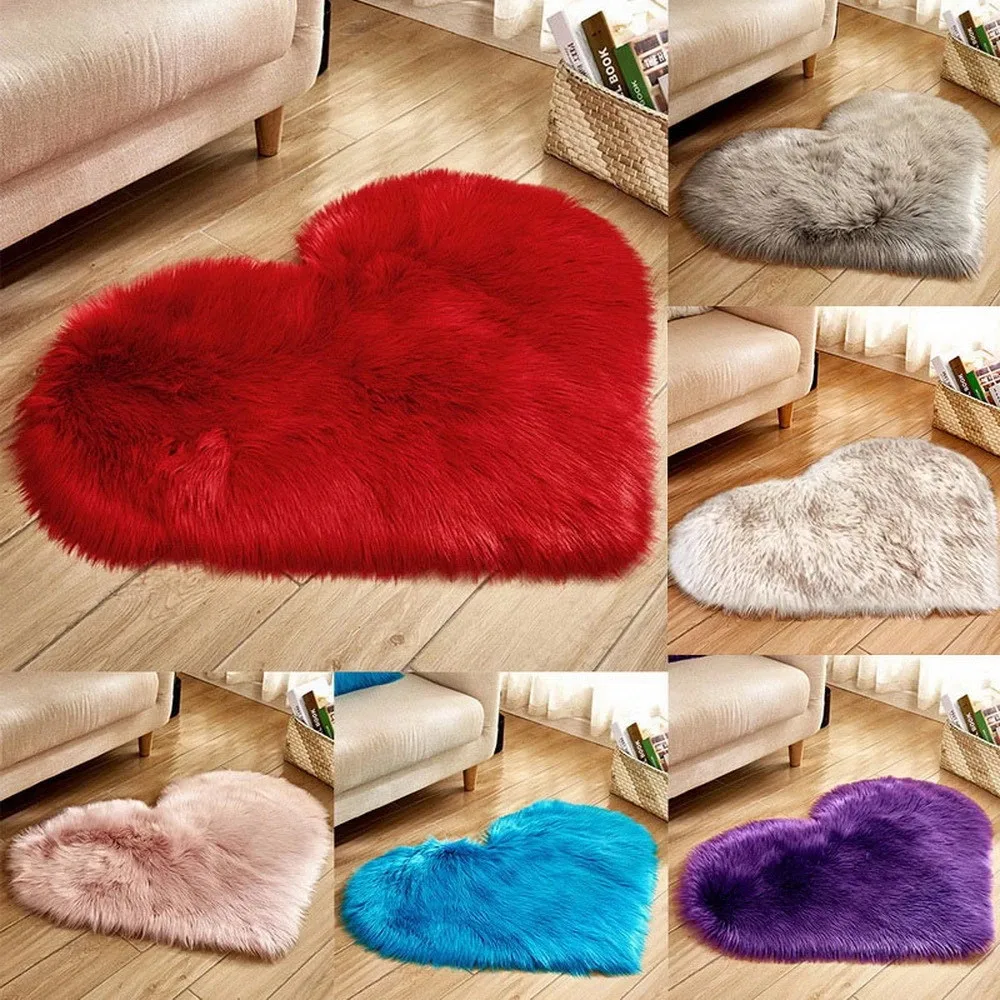 Furry Solid Color Heart Rug Bedroom Bedside Floor Cushion Living Room Coffee Table Mat Fashion Home Decor Anti-Slip Carpets