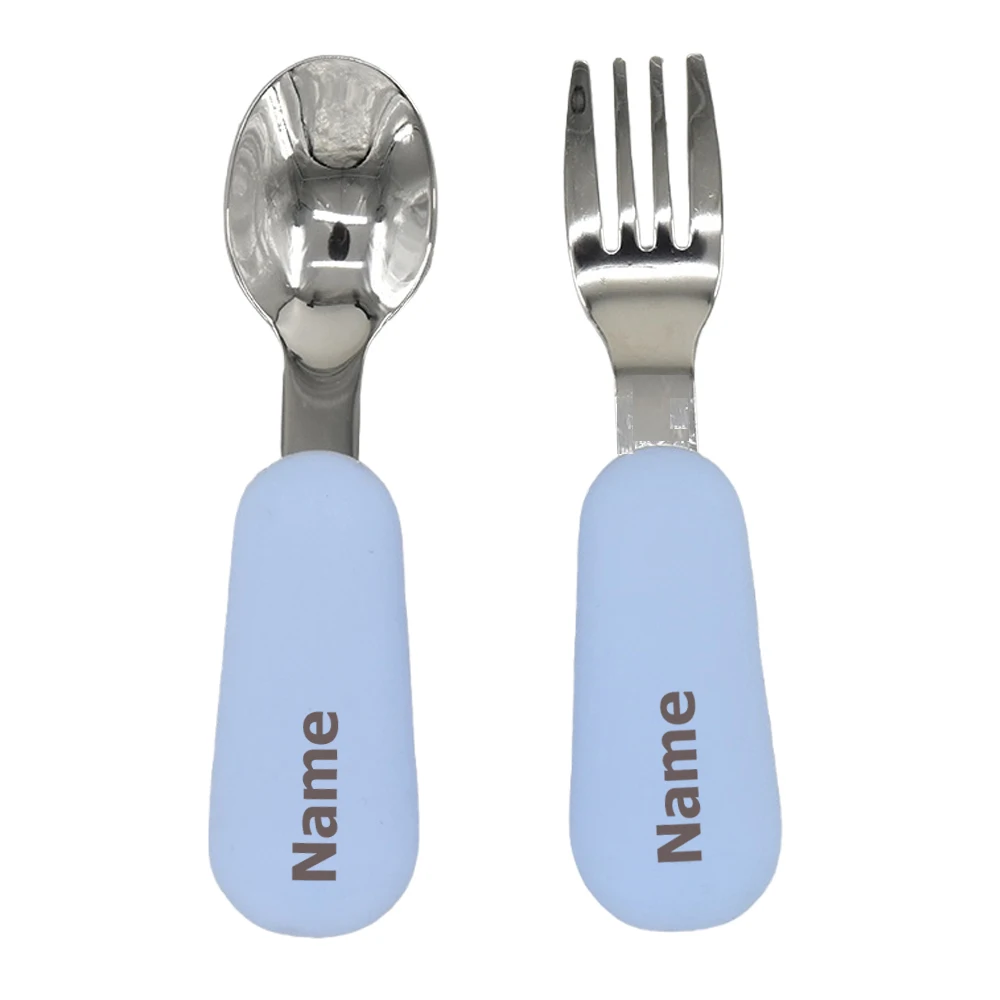 Baby Cutlery Set - Fork & Spoon - Stainless Steel with Silicone Handles - Free Name Printing - Children's Surprise Gift