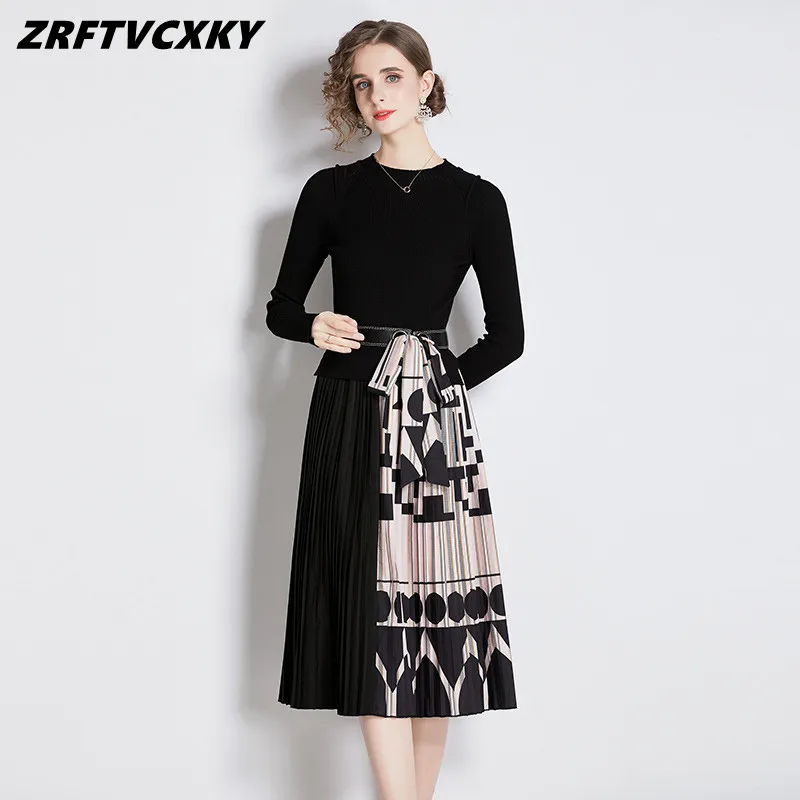 

ZRFTVCXKY New Women Elegant Knitted Patchwork Pleated Dress Autumn Winter Runway Vintage Print Ladies Sweater Midi Dress Robe