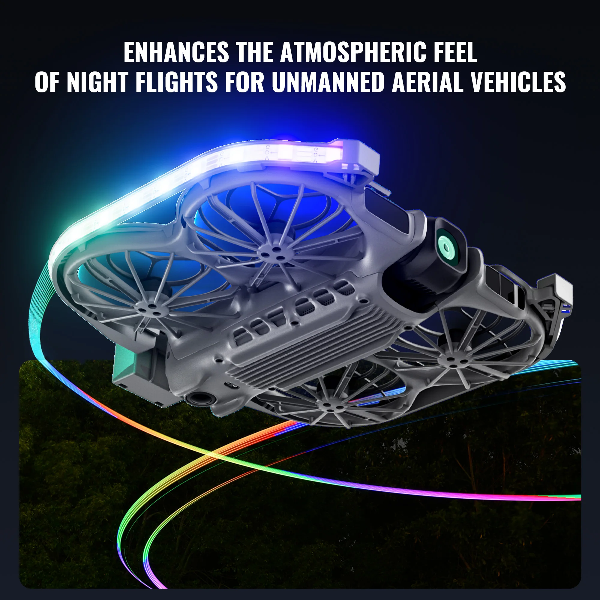 Drone DJI Neo 2 équipé de la bande lumineuse LED STARTRC en plein vol nocturne, traçant des motifs lumineux colorés.