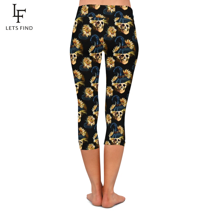 LETSFIND Summer Sexy Skull and Flowers Milk Silk Digital Printing Pants High Waist  Women Black Fitness Capri Leggings