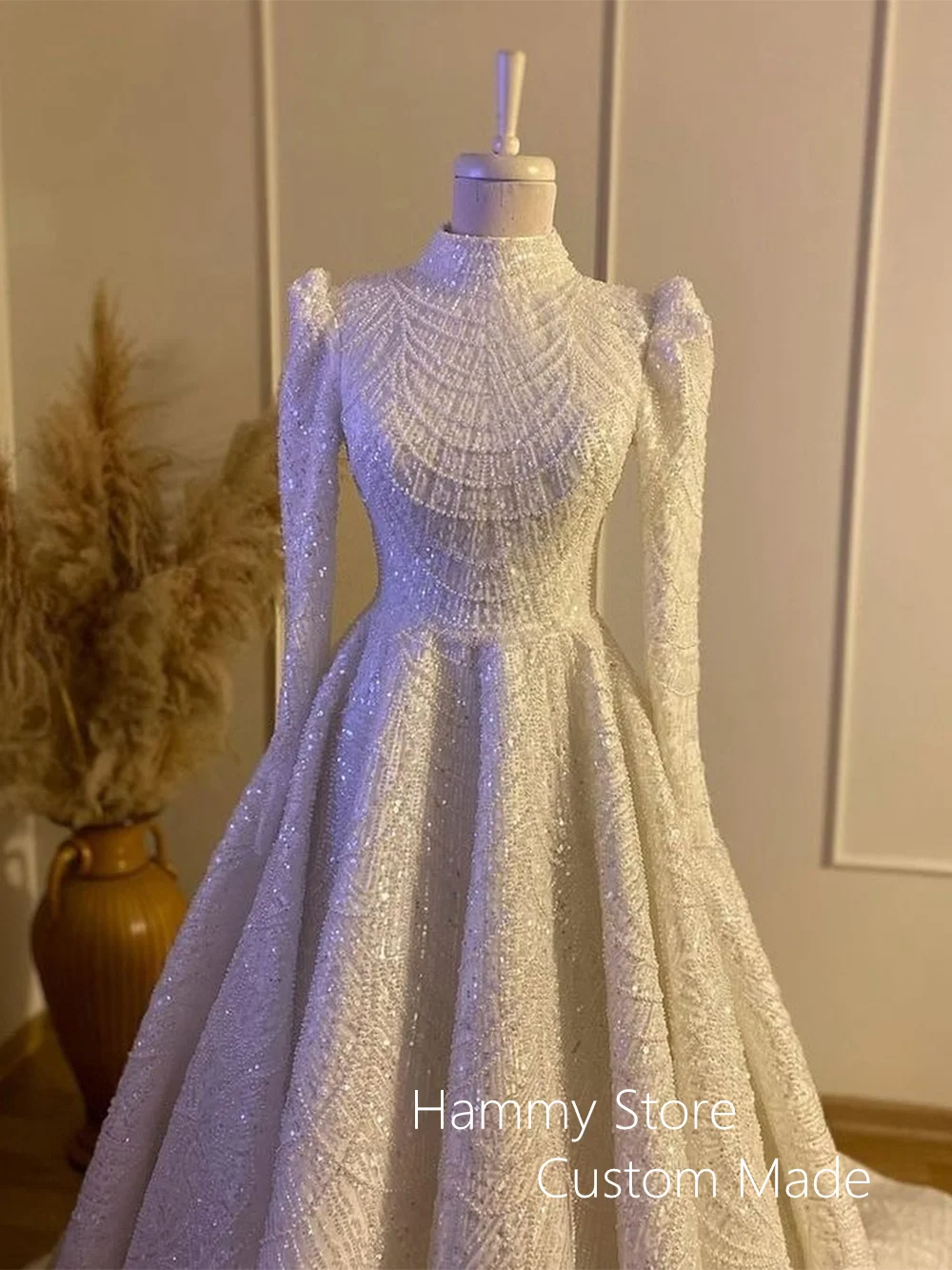 Exquisite Beading Wedding Dress Muslim Bridal Gown High Neck Pearls Sequined A Line Islamic Bride Dresses Robe De Mariage 2