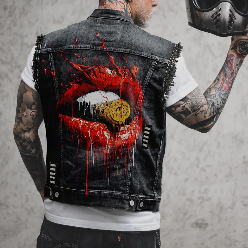 

Punk Rock Top Hole Ripped Cotton Sleevless Jean Jacket Coat Mens Skull Print Motorcycle Biker Denim Vest Waistcoat