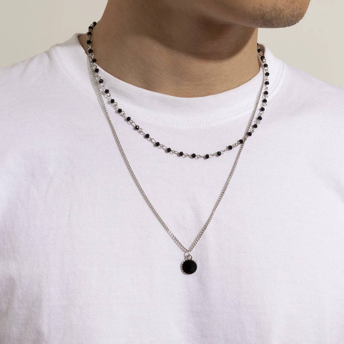 Layered Small Beads Chain with Black Coin Pendant Necklace Men