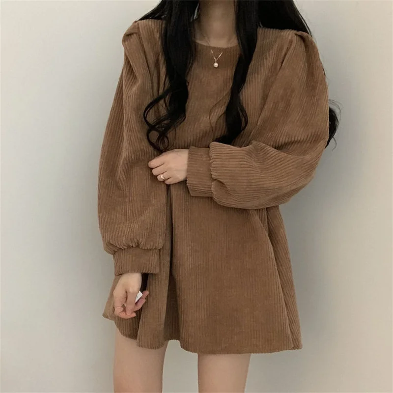 

2023 Autumn Winter Corduroy Dress Women Korean Style O-neck Solid Color A-line Loose Casual Mini Dresses Vintage Female