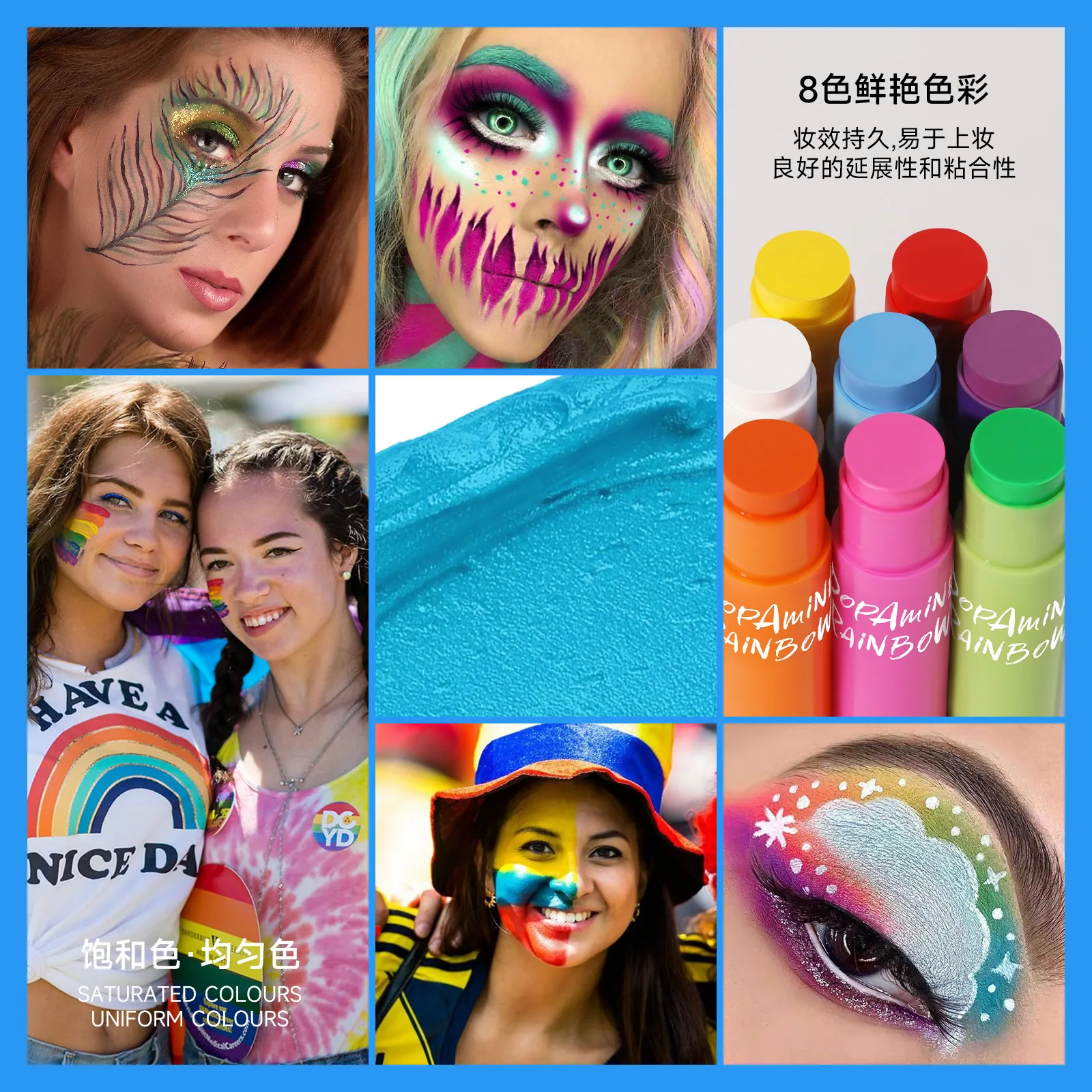 Hot 8Pcs/Set Dopamine Face Paint Pen Set Rainbow Graffiti Crayon Human Face Paint Stick Makeup Long-lasting Texture Soft Festive 4