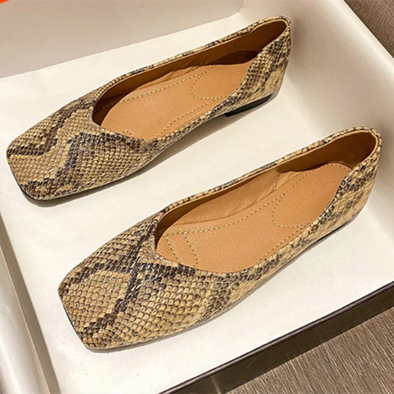 Lady Yellow Snake Texture Flats Square Toe Low Top Soft Shoes Comfortable 35-40 Plain Mixed Colors Outdoor Daily Leisure Slip-On