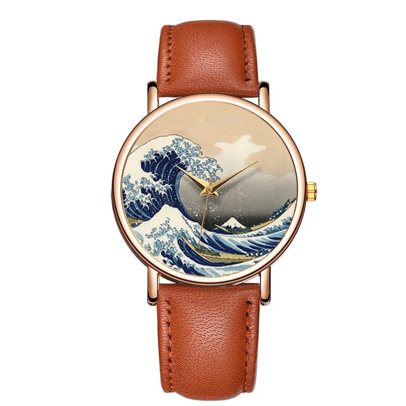 Fashion Ladies Quartz Watch Sea Wave Minority Personality Leather Waterproof Wristwatches Casual Dress Woman Watch 2