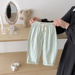 Vintage Linen Cotton Striped Casual Children's Pants with Pocket Design and Elastic Waist - 3 - 4 Years (Green)