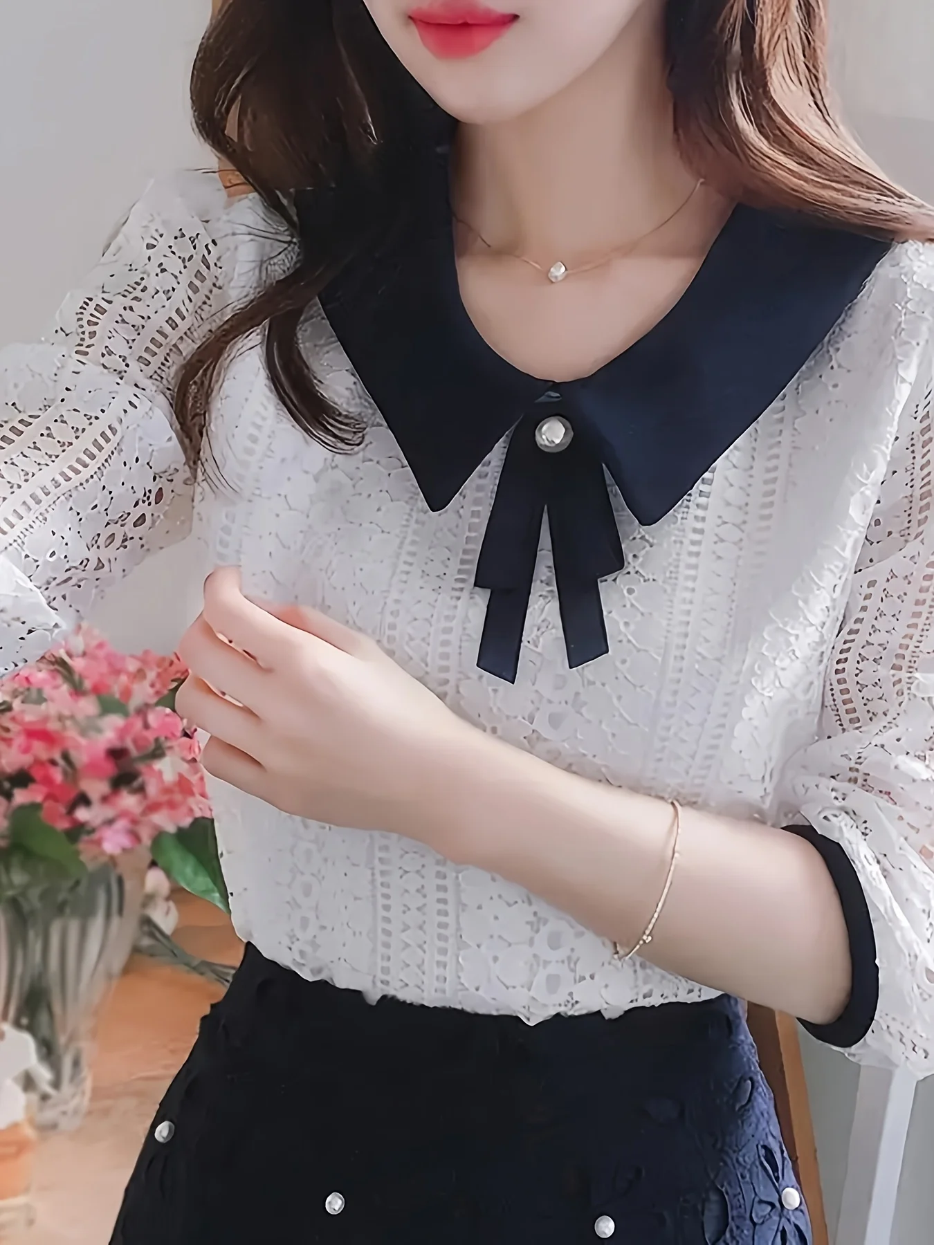 Chemisier en dentelle pour femmes, Style printemps-automne, col Peter Pan, couleur unie, demi-manches, hauts élégants en dentelle, SP8676