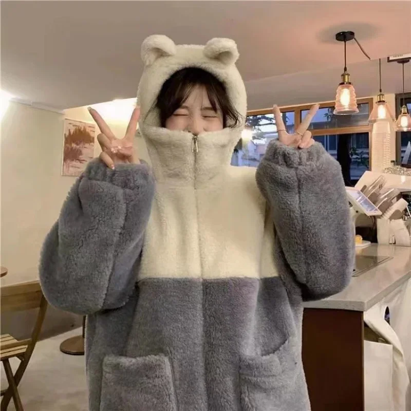 

Zip Up Hoodie Kawaii Harajuku Women's Sweatshirt Faux Lamb Fleece Oversized Hoodie Korean Style Sweet Soft Girls Outerwear
