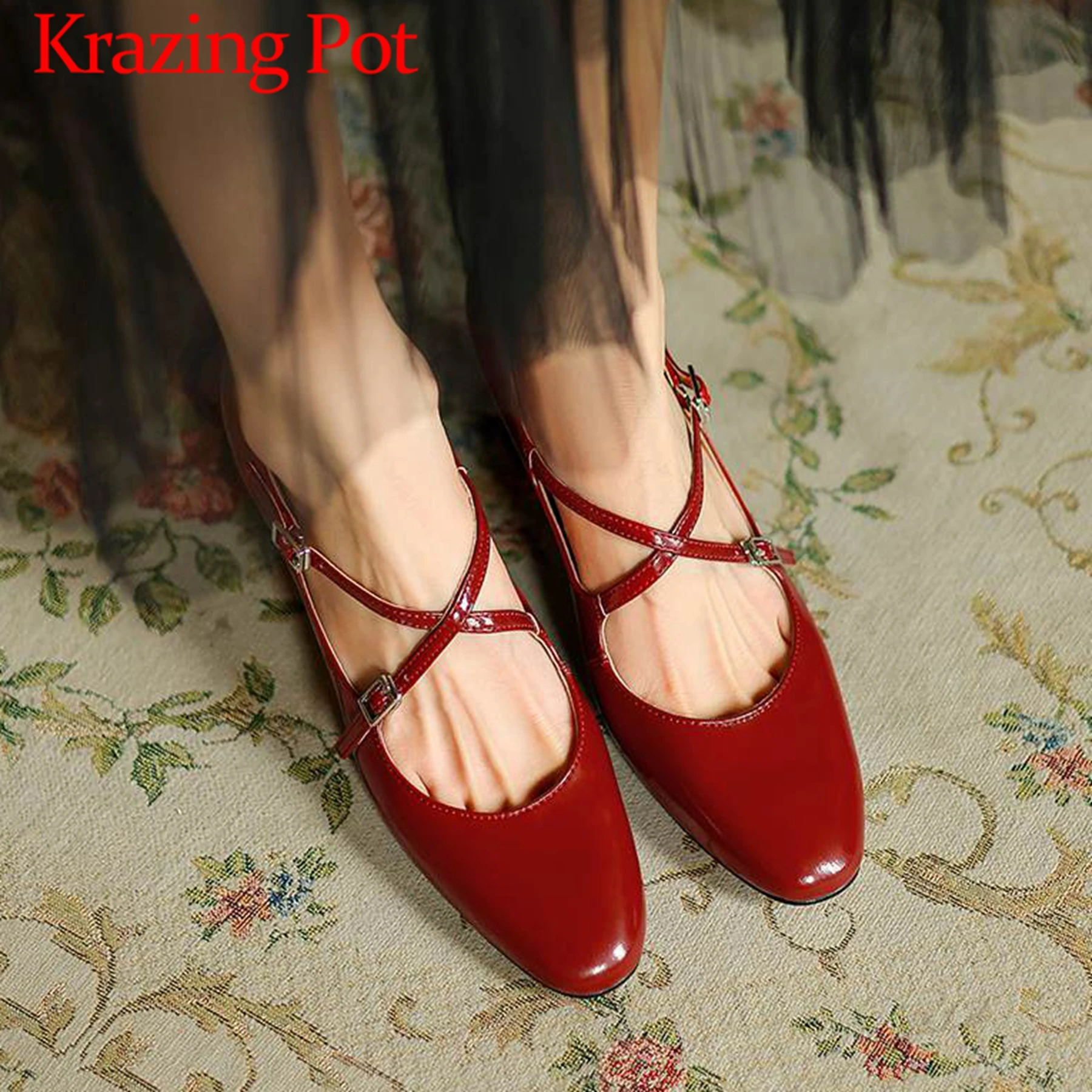 

Krazing Pot Full Grain Leather Buckle Straps Med Heels Summer Fashion Round Toe Mary Janes Princess Gorgeous Luxury Women Pumps