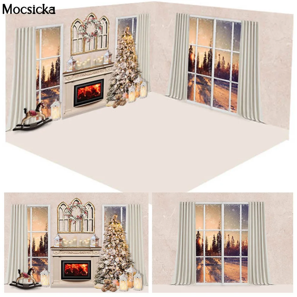 

Mocsicka Christmas Backdrop Fireplace Xmas Tree Family Portrait Indoor Photography Background Winter Window Pink Floor Photocall