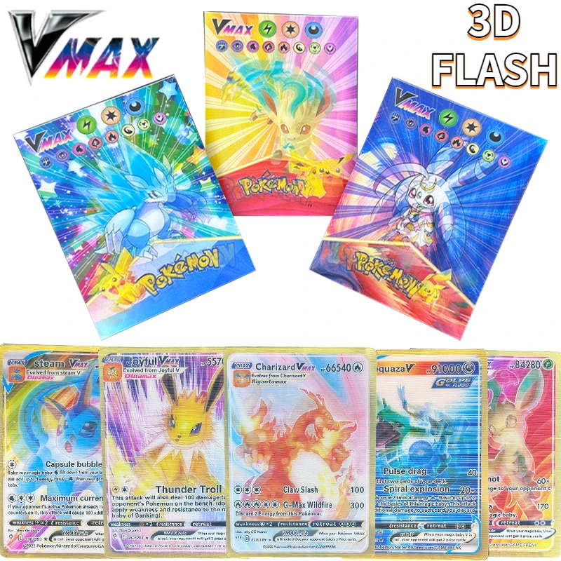 

3D Flash Shining Cards Anime Pokemon Charizard Pikachu Hobby Vmax Battle Game Collection High HP English Edition Cards Kids Toys