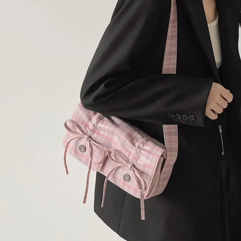 JIAERDI Sweet Cool Pink Plaid Handbag Women New Hot Girls Bow Chic Underarm Bags Ladies Harajuku Messenger Bag Bolsos Aesthetic