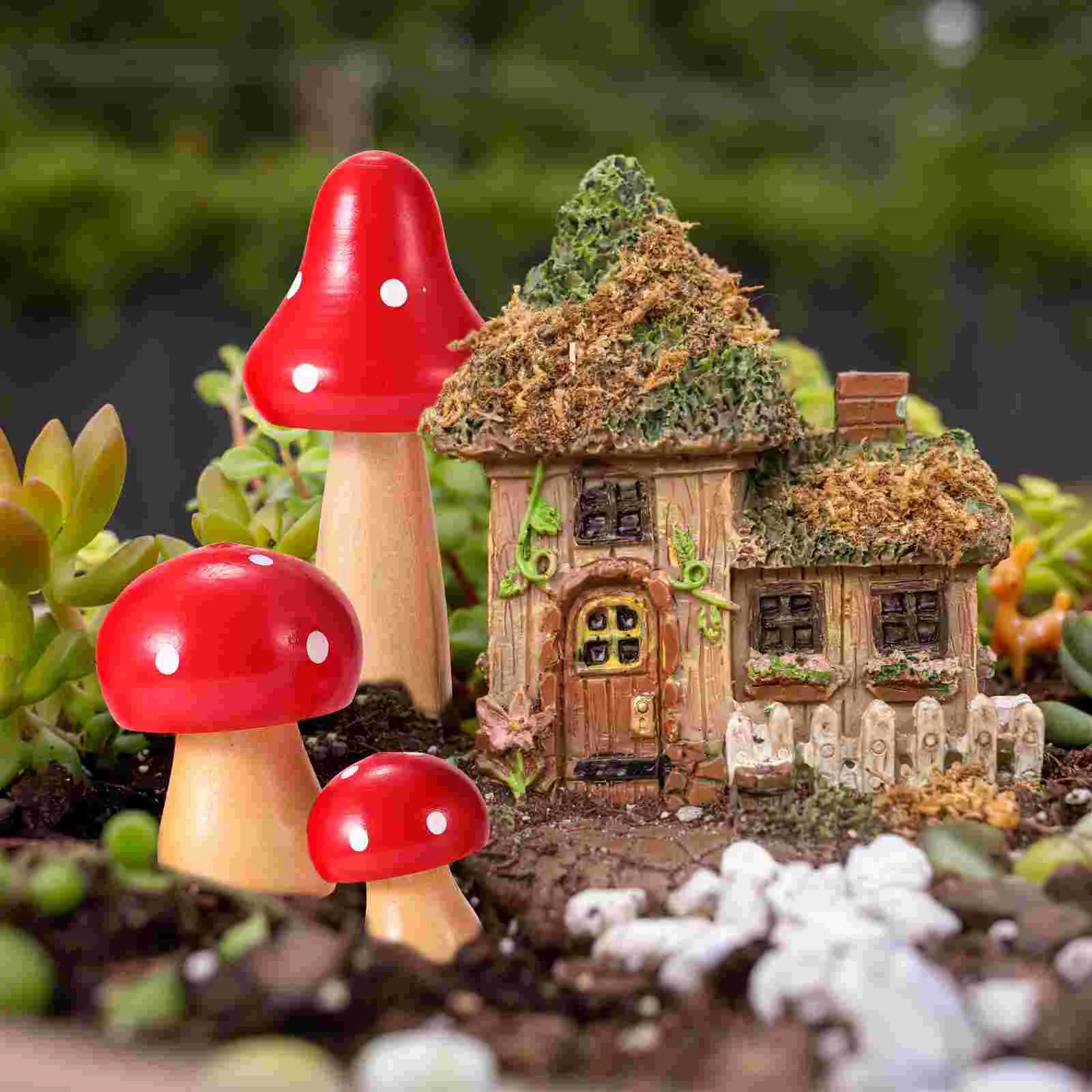Resin Ornaments 6 Pcs Simulated Wooden Mushroom Gnome Decorations Home Decorate Micro Landscape Garden Moss Table Decorative