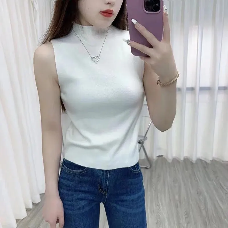1PC Fashion Half Turtleneck Knitted Tank Top Summer Women Casual Solid Color Sleeveless Vest