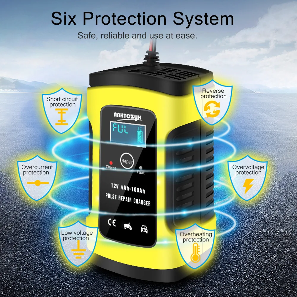 6A 12V Car Battery Charger Automatic Motorcycle Smart Charger with LCD Display for Car Motorcycle Lawn Mower Boat RV SUV ATV