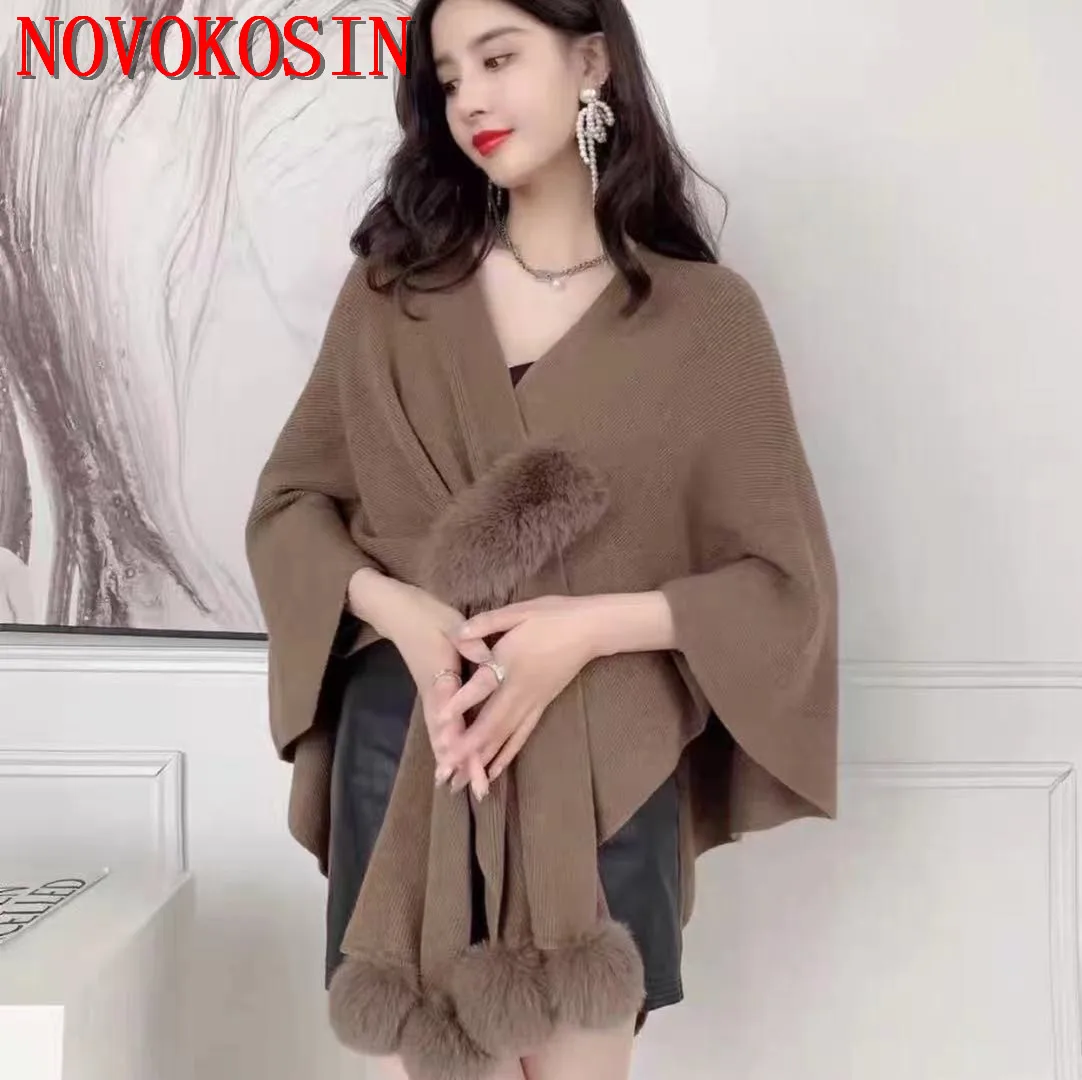 Autumn Warm Oversize Cloak Knitted Coat Multipurpose Poncho Capes Women Loose Faux Fur Ball Streetwear Cardigan Shawl Knitwear