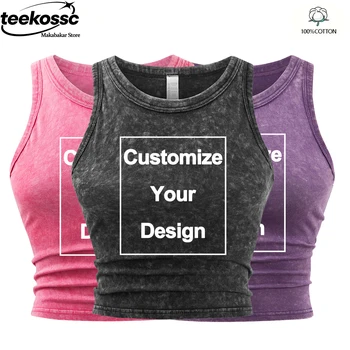 Summer Custom Women Washed Tank T-Shirts DIY Logo/Graphic Sleeveless Tight Vest Distressed Crop Tops Basic Casual Womans Clothes 1
