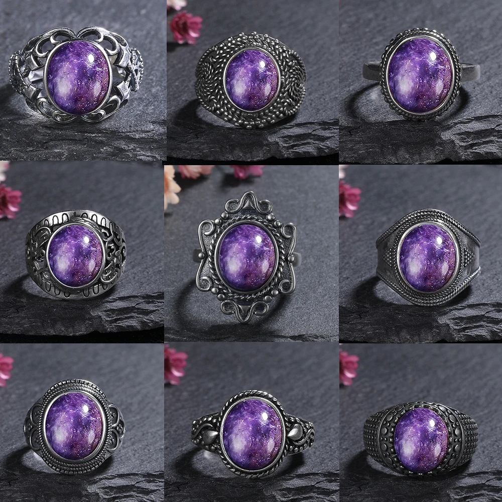 

S925 Sterling Silver Rings Big Oval Natural Charoite Bead Gemstone Rings for Women Wedding Bands Anniversary Gift Fine Jewelry