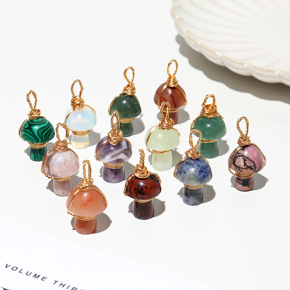 

Mineraali Mini 2cm Mushroom Carved Dream Amethyst Rhodonite Red Obsidian Stones Pendant Gold Wire Wrapped Woman Jewelry Necklace