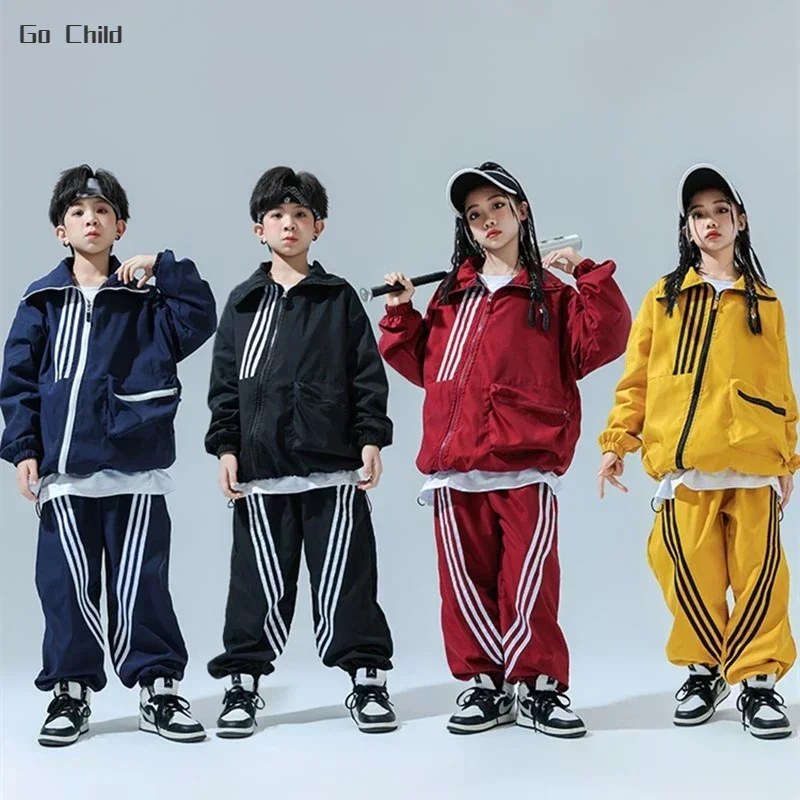 Hip Hop Girl High Collar Bomber Jacket Cargo Sport Pants Boy Street Dance Coat Streetwear Kids Jazz Outfits Child School Uniform hip hop kids outfit
