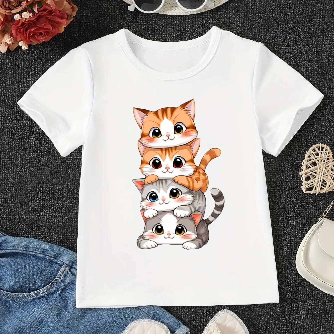 Cute Anime Cat Pattern Printed Girls Cotton T-Shirt Summer