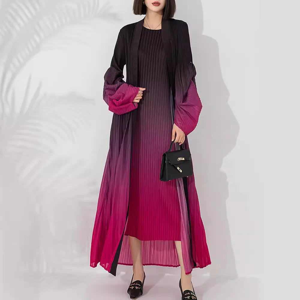 

Miyake Pleated Fashion Suit for Women 2024 Gradient Printed Lantern Sleeve Long Outer Shawl Inner Dress Two-piece Set