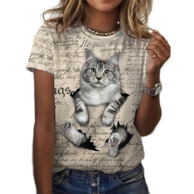 Compra online de Verão T-shirt Feminina Roupa Feminina Kawaii 3D Cat Print  Estética T Shirt Mulheres Moda Manga Curta Tops Tees Blusa Casual