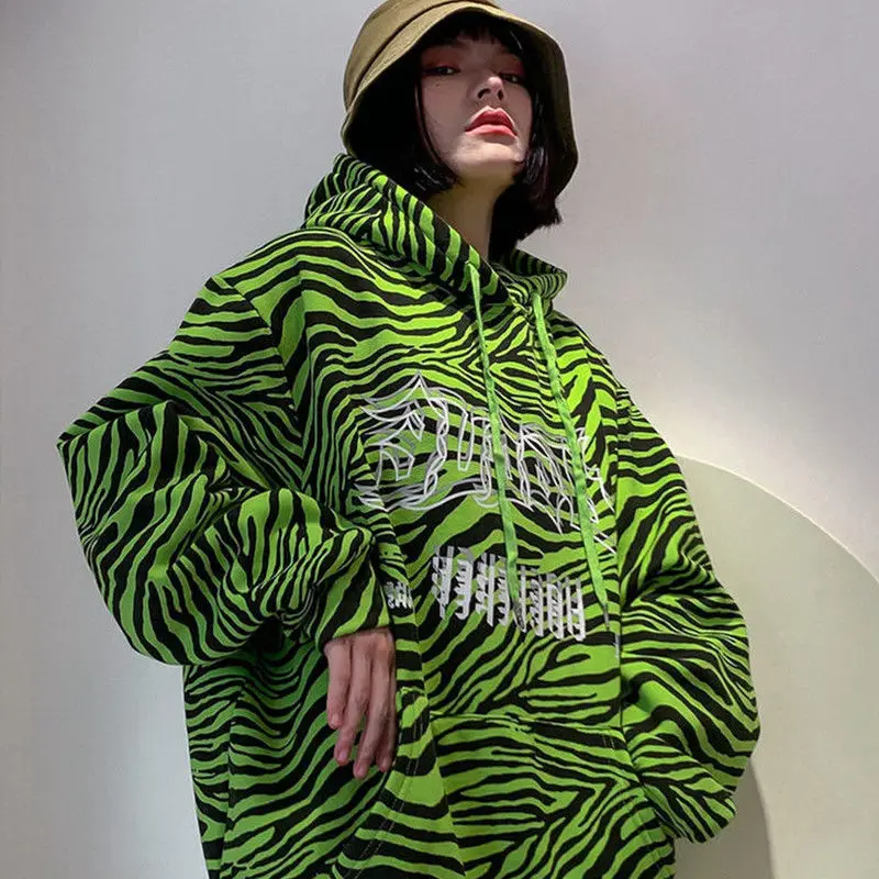 Woman Zebra Print Hoodies Neon Green Oversized Harajuku Loose Bf Student fashion Streetwear Ladies Sweatshirt