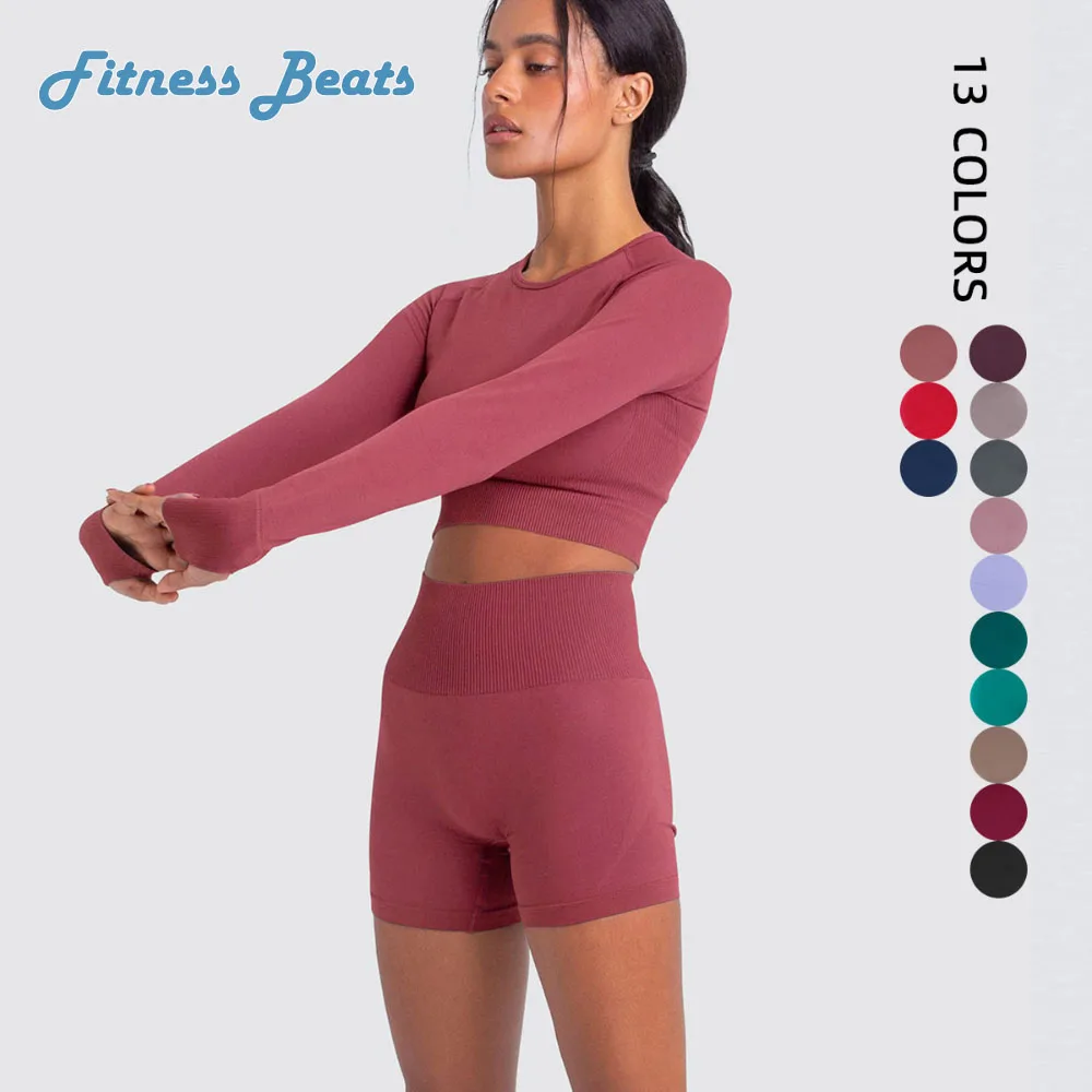 

Yoga Set Sport High Waist Tight Elasticity Shockproof Gathering Seamless Breathable Quick Dry Moisture Wicking Lady Tops Shorts
