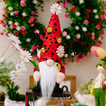Ladybug Gnomes Kitchen Tiered Tray Decor Plush Swedish Tomte Scandinavian Figurine Spring Summer Farmhouse Household Ornament 5
