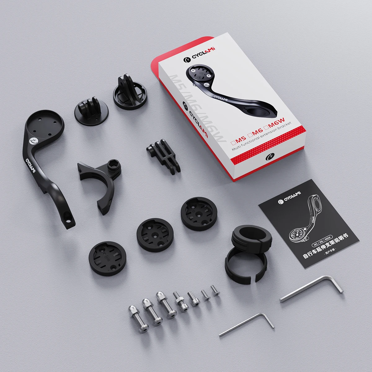 Achetez Support Universel M6/M5 pour Gopro, Caméra Action, Vélo et Casque : vue détaillée du mécanisme de serrage et des adaptateurs inclus.