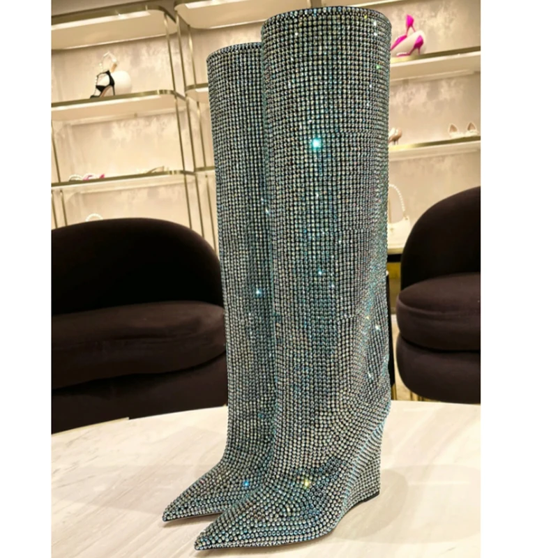 

GCYFWJ Fashion Ins Women's Rhinestone High Heels Boots Wonen Knee-High Pointed Toe Wedges Shoes Ladies Wedding Party Long Boots