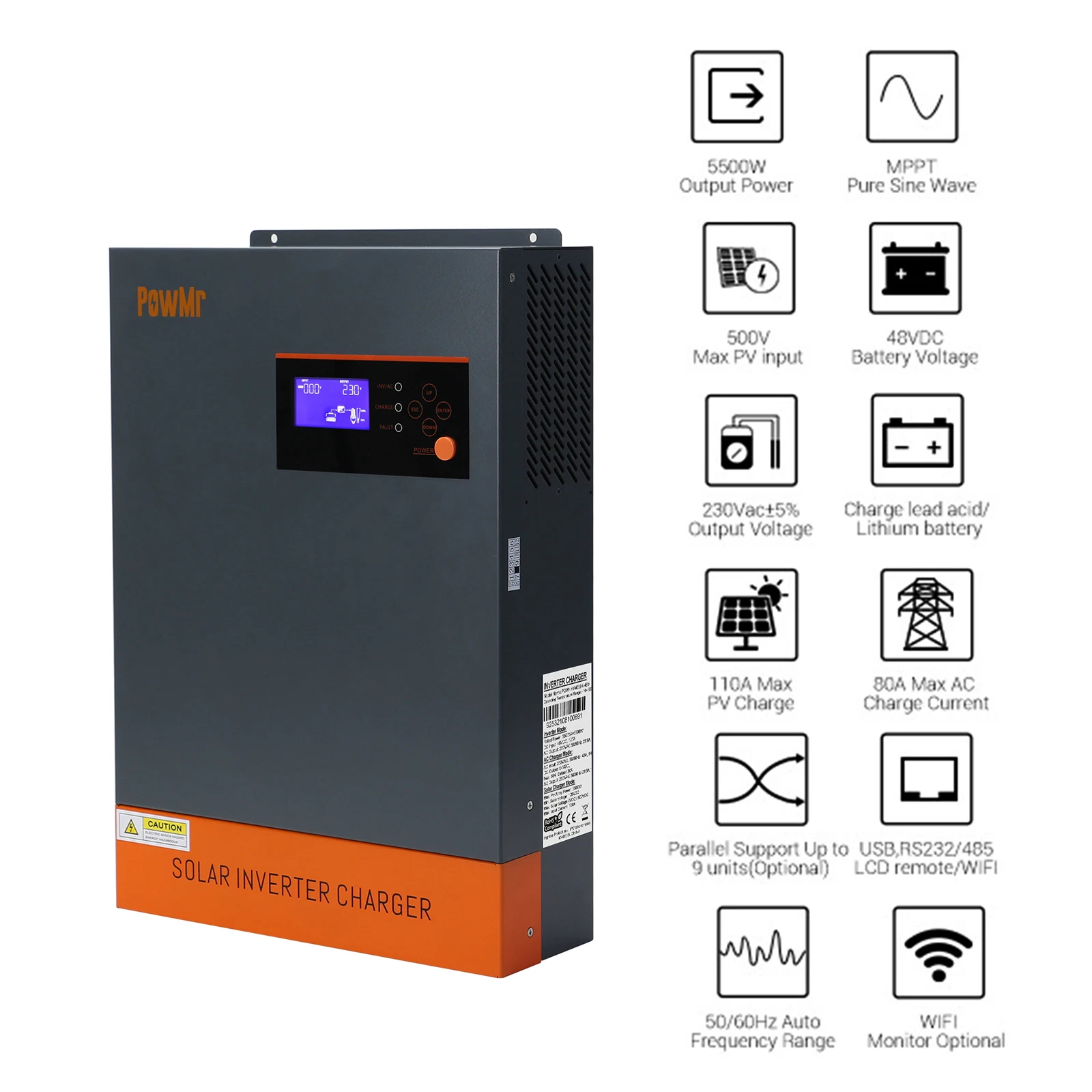 POWHVM55K48VLIP5500WSolarInverterChargerPureSineWave