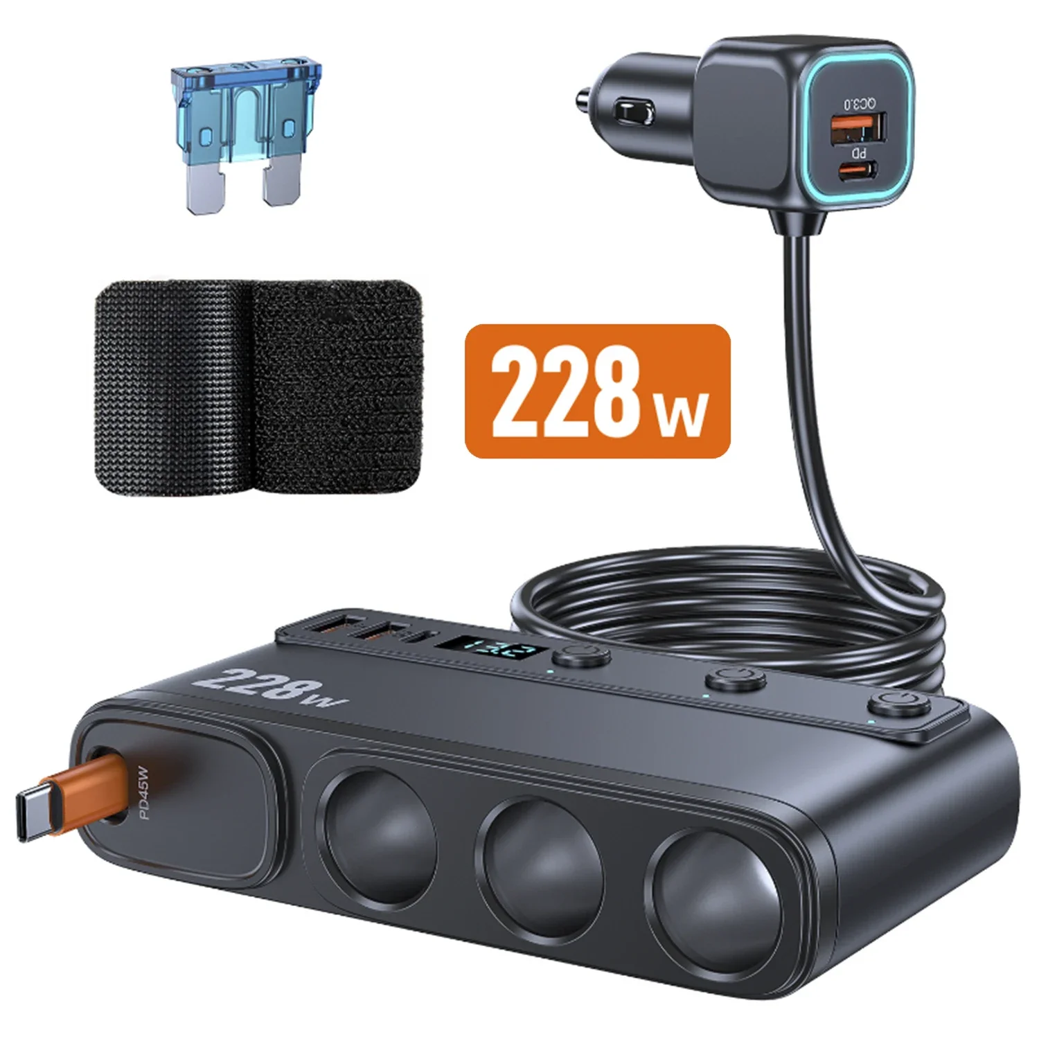 Adaptateur de chargeur de voiture 228W, allume-cigare à 3 prises, chargeur USB QC3.0 à 3 Ports avec PD type-c extensible de 65cm, charge rapide