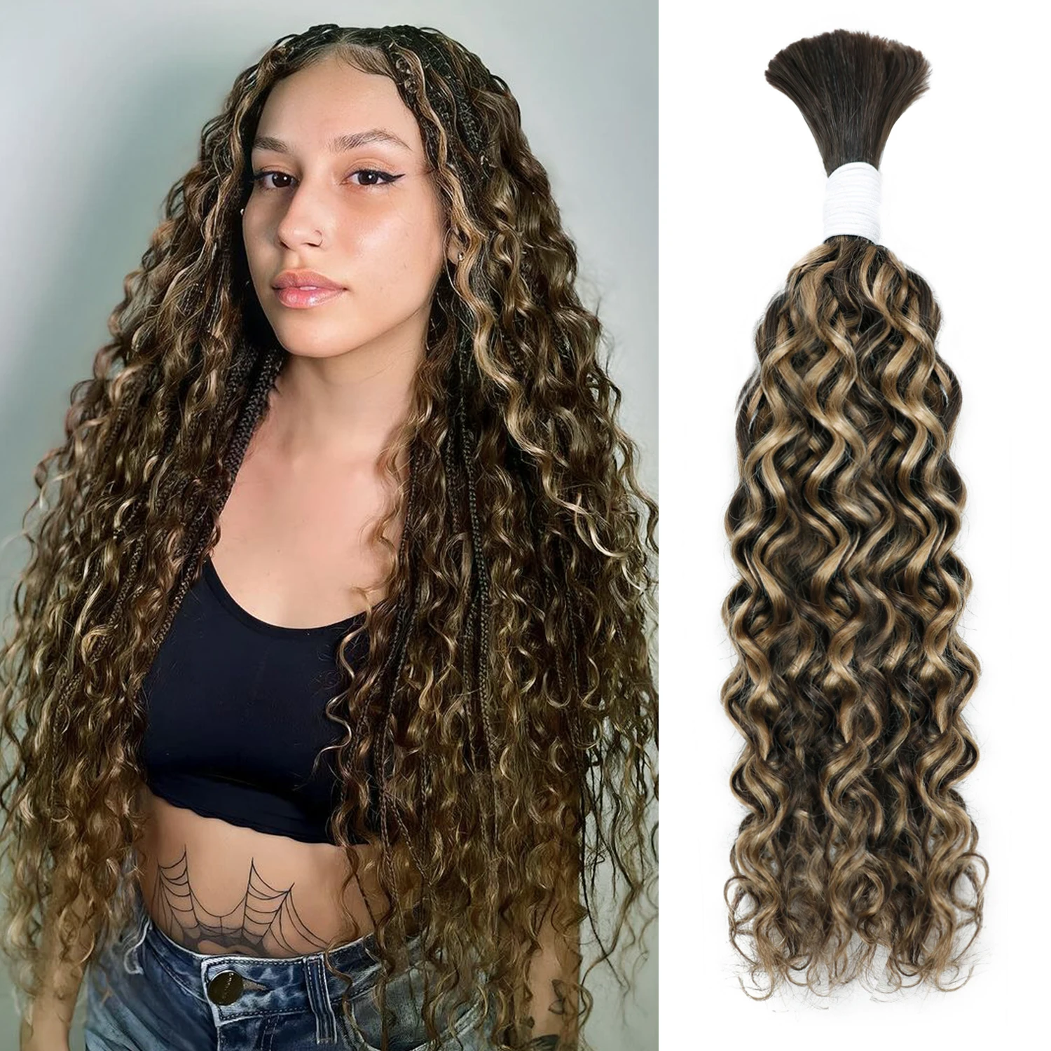 Natural Colored Water Wave Human Hair Bulk for Braiding Human Hair Bulk No Weft 28 Inch Extension Braids #27 #99j #1B/30 #4/27 human hair extensions,human hair bundles,braiding hair extensions,human braiding hair