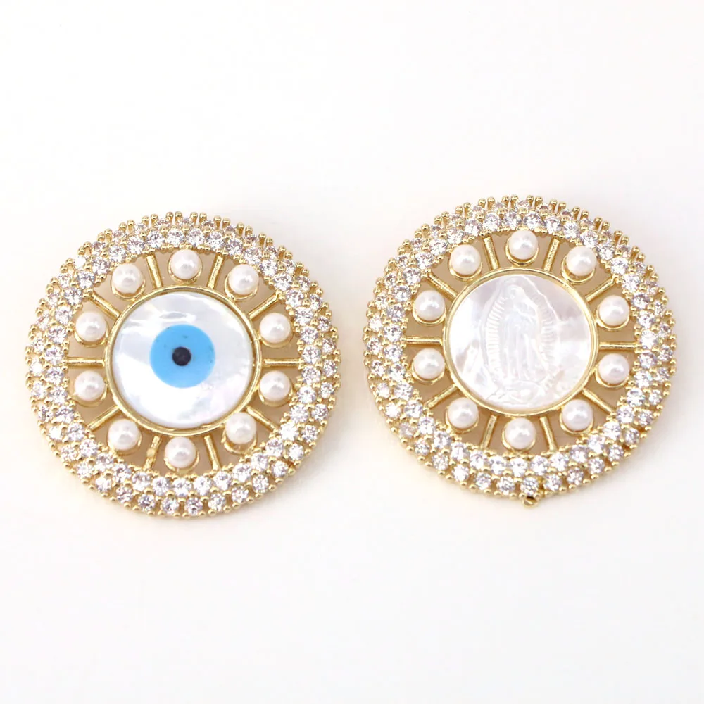 

5PCS, Jesus Mary Charm, Gold CZ Mother of Pearl Shell Eye Lucky Turkish Eyes Protection Round Necklace Pendant Jewelry for Women