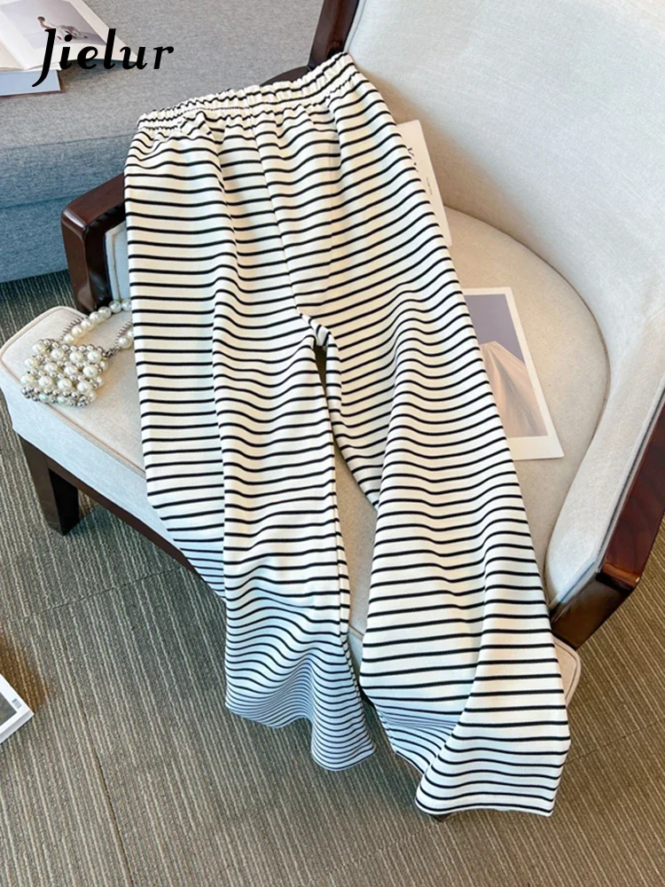 Jielur New Loose Slim Summer Pants Woman Straight Side-striped Casual High Waist Pants Female White Black Korean Women's Pants