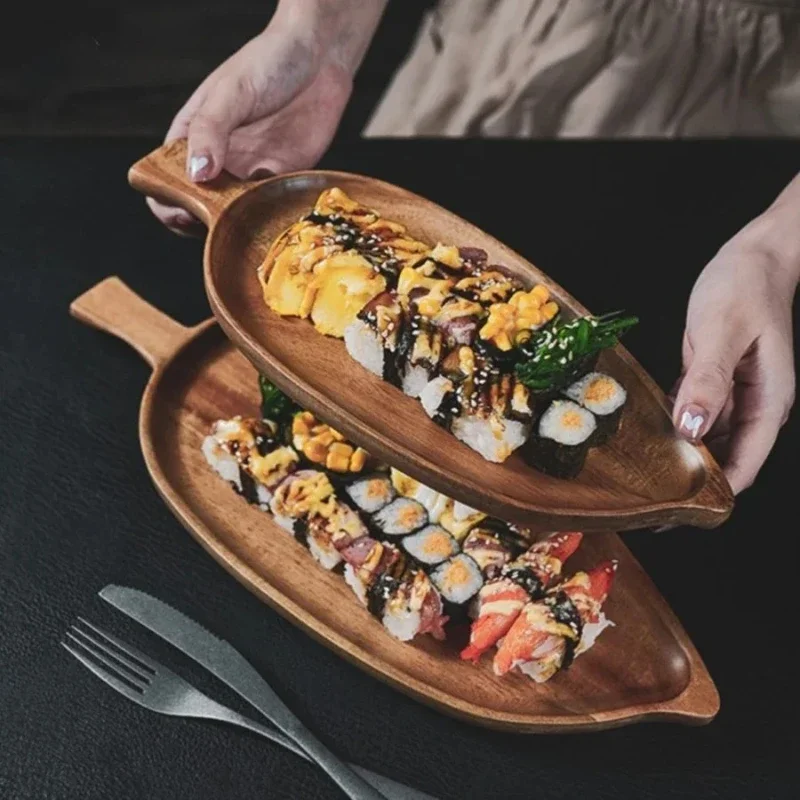 1/2 high-quality solid wood leaf shaped tray, waterproof wooden steak, sushi, grilled meat, food, Acacia wood tea tray