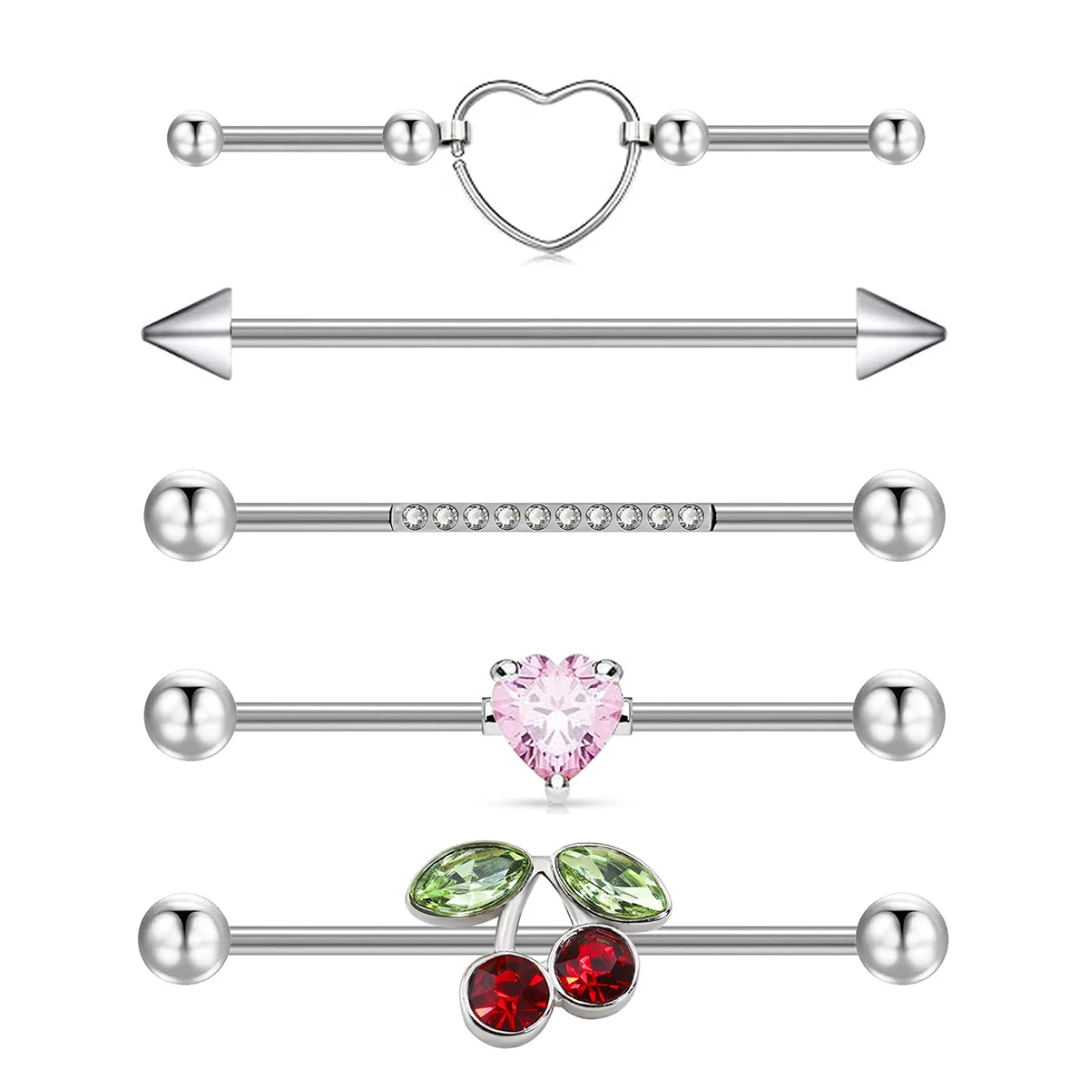 Industrial Earrings Heart-Shaped Zircon Crystal Cherry Stainless Steel 14g Industrial Earrings Tragus Cartilage Jewelry