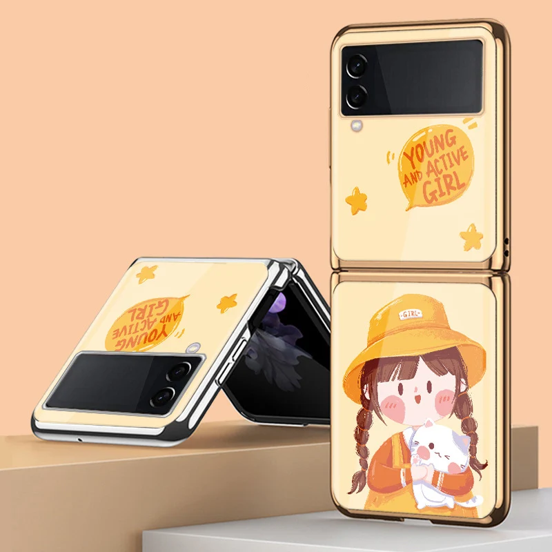 

Z Flip 4 Funda Case for Samsung Galaxy Z Flip 4 3 2 1 Cat Girl Hat Plating Tempered Glass Coque Protection Phone Case Cover