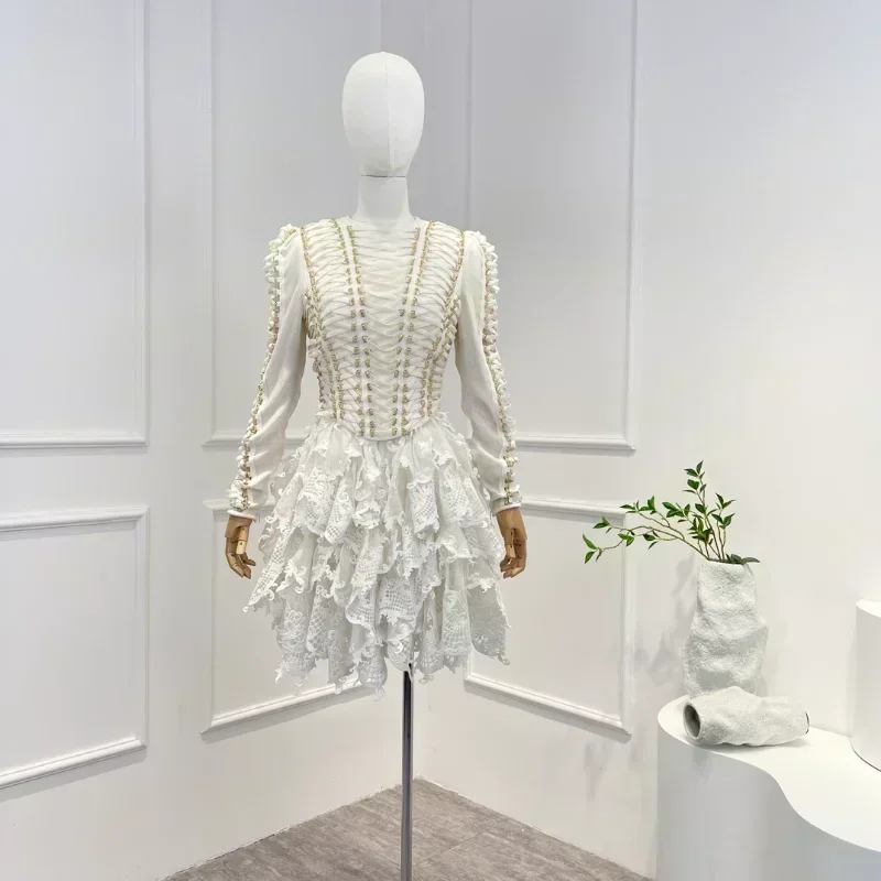 

2023 Top Quality Linen Silk Beige Hook Flower Hollow Lace Pachwork Free Ruffle Cross Court Mini Dresses Women