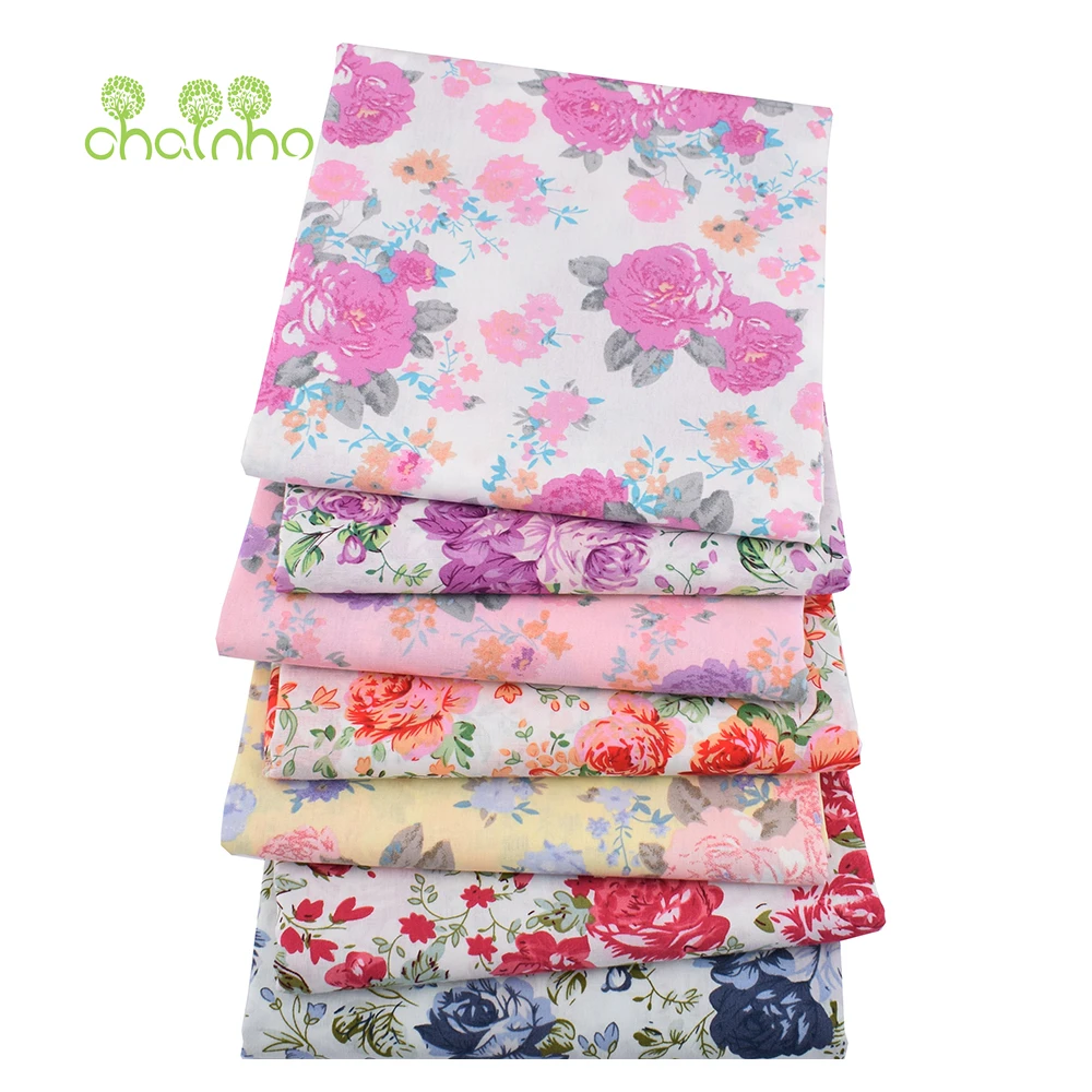 Chainho,Printed Plain Weave Poplin Cotton Fabric,DIY Quilting Sewing Material,Patchwork Cloth,Floral Series,3 Sizes,15PC163