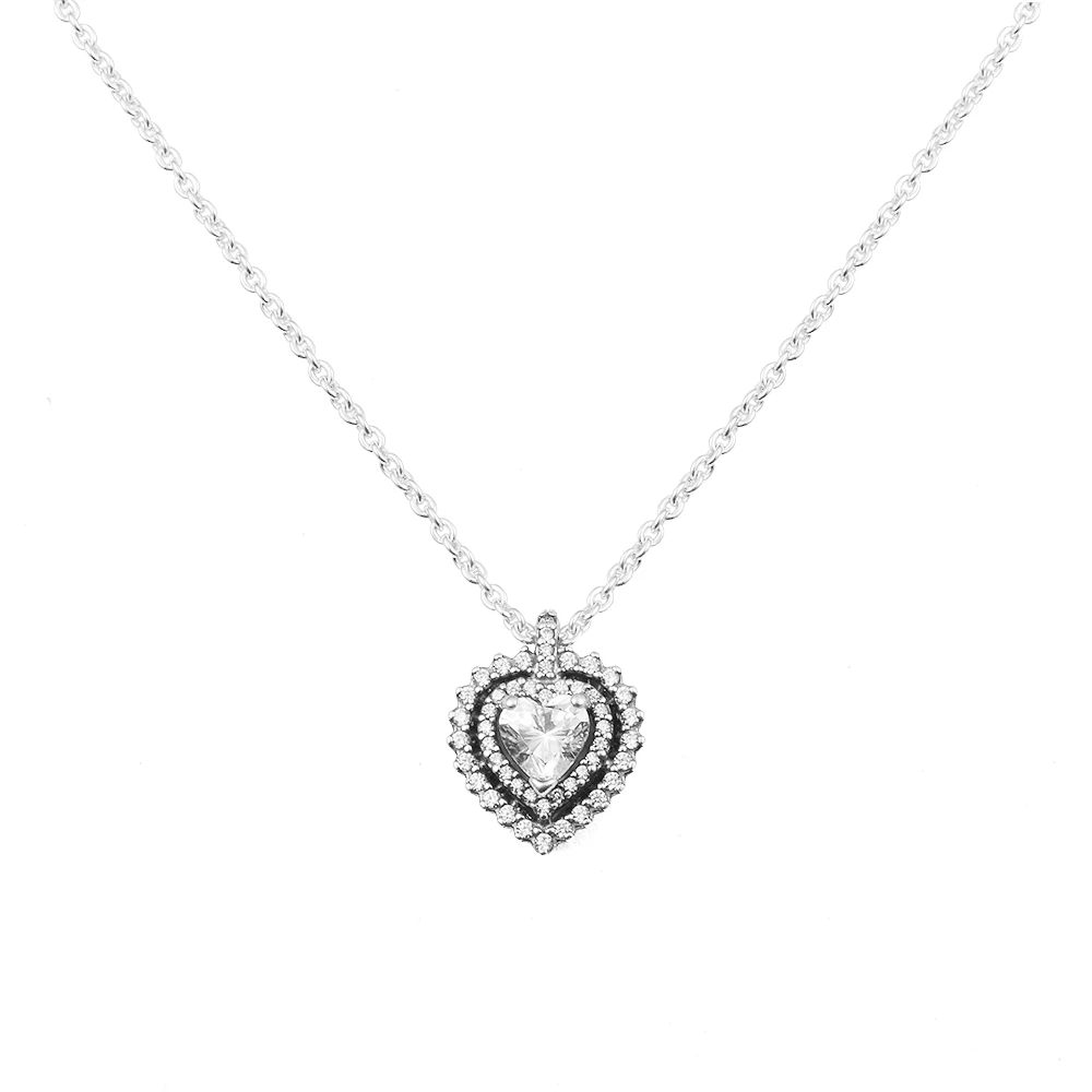 

100% 925 Sterling Silver Necklace For Women Sparkling Heart Halo Pendant Necklace 45cm Original Jewelry DIY Gift