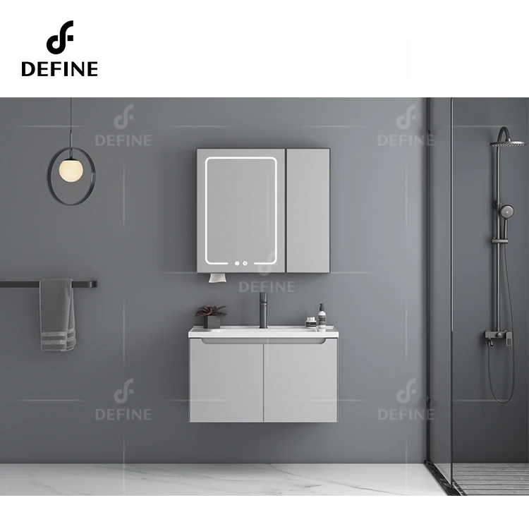 Space-saving Vanity Grey Color Wall Mounted Single Sink Cabinet For Hotel Bathroom With LED Mirror